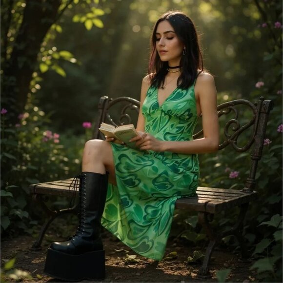 Heart Mesh Green Midi Dress w/ Halter Neck by Pretty Garbage – Mirror Garden M - Picture 3 of 4